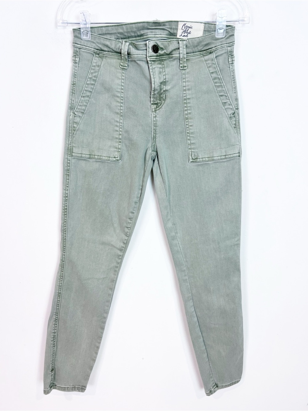 COSMIC BLUE LOVE SAGE GREEN SKINNY UTILITY PANTS WOMENS SZ 27